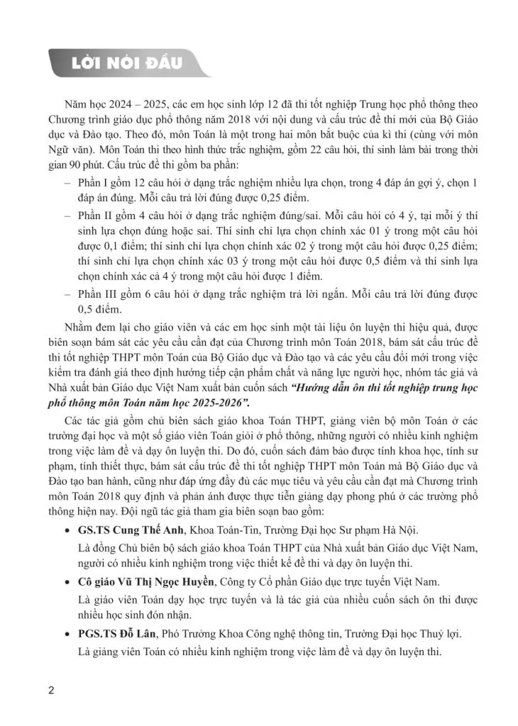 HƯỚNG DẪN ÔN THI TỐT NGHIỆP THPT MÔN TOÁN (Năm học: 2025 - 2026)